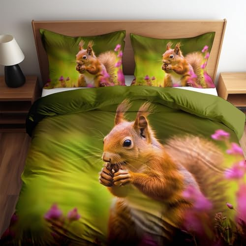 Eichhörnchen Bettwäsche 135 x 200 cm mit Kissenbezug 80 x 80 cm - Waldtiere Blumen Khakigrün Bettbezug, Weiche Wendebettwäsche für Kinder, Teenager & Erwachsene - Bügelfrei, Allergikergeeignet