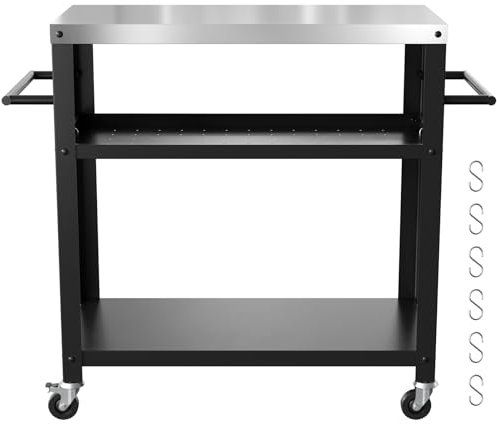 Nessxa Chariot de Barbecue d'extérieur avec Trois étagères, Table de Four à Pizza en Acier Inoxydable pour l'extérieur, la Salle à Manger, la Cuisine avec Deux poignées latérales, Jardin, terrasse