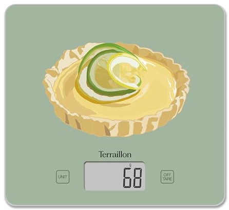 TERRAILLON - T1040 Citronpaj - elektronisk köksvåg, glasbricka, kapacitet 3 kg, 1 g gradering, tara, flytande omvandlingar, ultratunn och kompakt - LCD-skärm - citronpaj