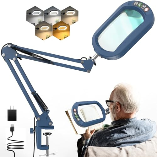 10 lenti con luce e morsetto, lente d'ingrandimento per illuminazione in vetro, 5 modalità di colore e dimmerabilità continua, lampada da scrivania a LED, a mani libere, per artigianato, hobby