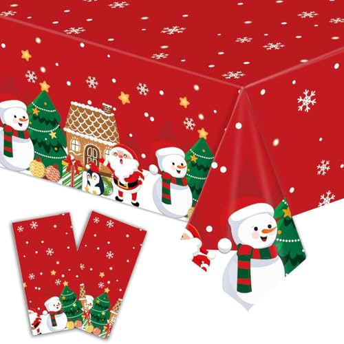 2 Stück Weihnachts Tischdecke, Rote Rechteck Weihnachten Tischdecke für Tischdekorationen 274 * 137cm Weihnachtsbaum Schneemann tischdecke für Weihnachtsessen Esstische Picknicks Innen Außenbereich