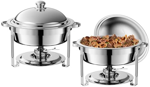 Scaldavivande e scalda-cibo set da 2 pezzi, chafing dish rotondo, set buffet in acciaio inossidabile, server buffet rotondo da 6L e scaldavivande, supporto spesso per catering con vasche a specchio