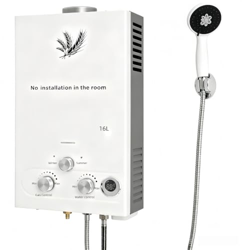 16L Chauffe-eau à Gaz,32KW,16L/min,Instantané Chauffe Bain à Gaz Propane ou Butane,Blanc,Chaudière Instantanée à GPL avec Mode Hiver et Mode été pour Maison Camping Caravane