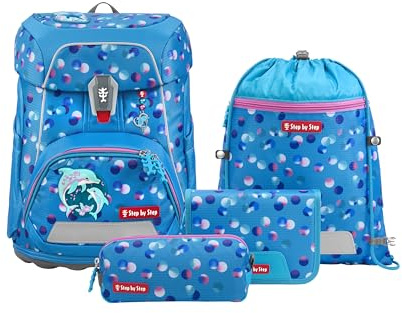 Step by Step Schulranzen-Set FIT „Dolphin Finja“ 5-teilig, blau, Delfin-Design, ergonomischer Tornister mit Reflektoren, höhenverstellbar mit Hüftgurt für Mädchen ab der 1. Klasse, 19L