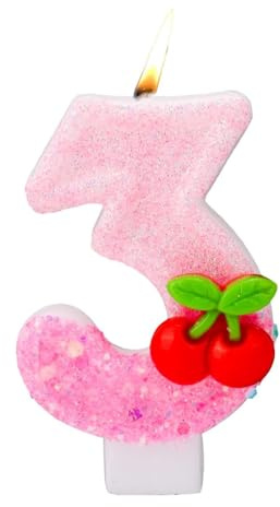 Bougie Anniversaire Chiffre 3 Rose - Design Paillettes et Cerises - Décoration Festive pour Gâteau, Cupcake pour Fête Femme et Fille