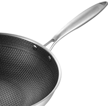 aqxreight Rostfritt Stål Wok Pan med Dubbelsidig Design för Enkel Matlagning och Enkel Sanering 34 Cm/13.4in med Täckning och öron (34 cm/13.4in (inget lock och med öron))