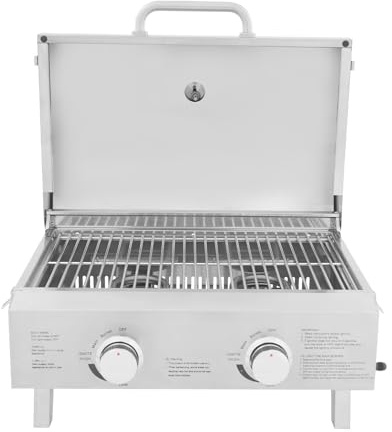Loobiiny Barbecue à gaz en acier inoxydable à 2 brûleurs, barbecue de table pliable en plein air, barbecue de table avec régulateur de gaz, barbecue de camping en acier inoxydable, 55,8 x 45 x 38 cm
