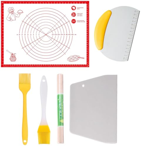 Bangbobi Tappetino da Forno in Silicone 60x80 cm Set da 6 Pezzi incl. mattarello, Pennello da Cucina e spatola - Base da Forno per stendere la Pasta con Antiscivolo e segni di misurazione per Pizza