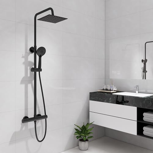 Sline Thermostatic Shower Mixer Set,Black 8 Square Overhead Rainfall Shower,38°C Thermostatic Valve Bar,Twin Head Height Adjustable Shower System