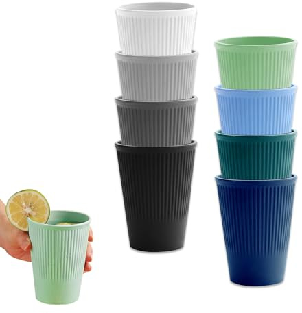 Uppsättning med 8 återanvändbara dryckeskoppar i plast 0,35 l, muggar i set färgglad hård plast för glödlampa kaffe berpong camping (8 färger)