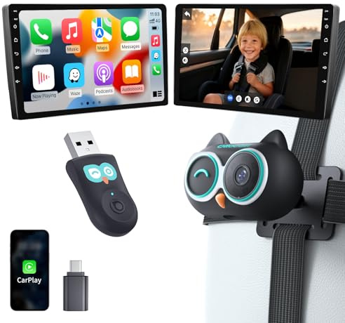 OTTOCAST Cabin Care 2026, 2-in-1 Wireless CarPlay Adapter & Baby Auto Kamera, 1080P HD Rücksitzüberwachung, 150° Ultraweitwinkel, IR-Nachtsicht, für Fahrzeuge mit kabelgebundenem CarPlay ab 2016