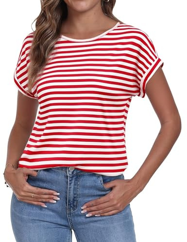 Terecey Shirt Donna Maglietta a Righe da Scollo Rotondo Stretch a Strisce T-Shirt Elegante Casual Loose A Righe Oversize T-Shirt