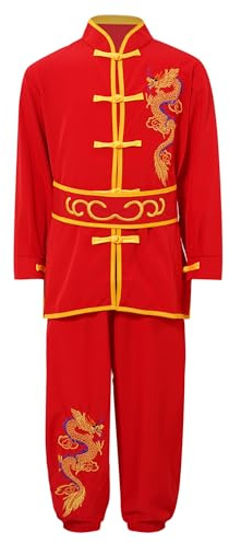 Alvivi Disfraz Chino Tradicional de Wushu Qi Gong Tai Chi Marciales Artes para Niños Uniformes de Artes Marciales con Bordado de Dragón Estampado Chándales Rojo 13-14 años
