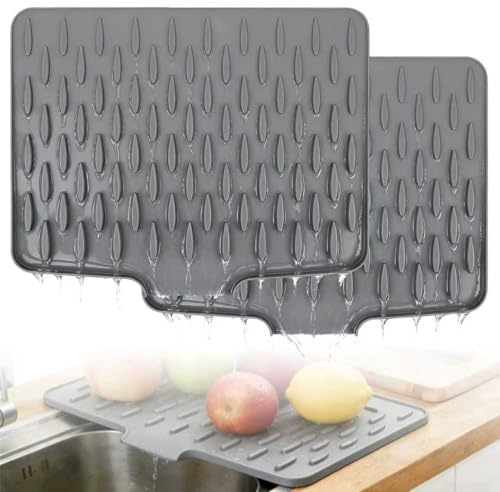 Non-Slip Sink Drainer Mat, 2 Pcs 40x32cm Silicone Dish Drying Mat No-Spill Mats & Heat Resistant Folding Draining Board Mats Easy to Clean Drying Pad for Kitchen Counter Sink