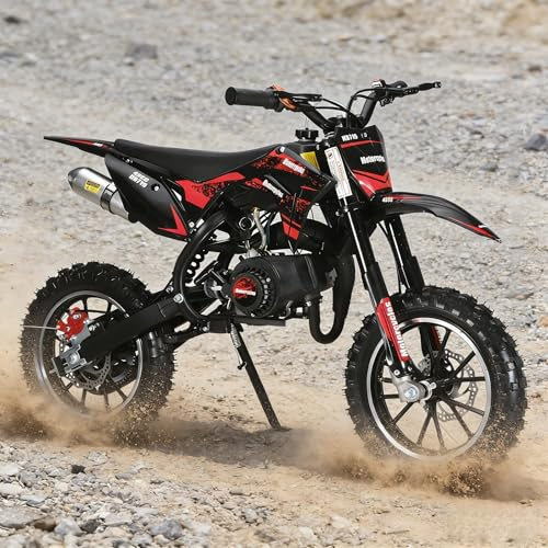 50cc 2-Stroke Kids Dirt Bike,Gas Powered Motorcycle for Kids with Off-Rode Tire, Front Rear Disc Brakes Motocross,Up to 25 Mph,Shock Absorption Pocket Motorbike (red)
