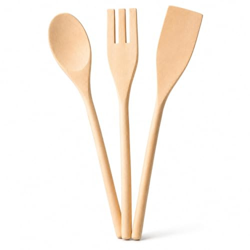Topolenashop Set Utensili da Cucina in Legno Naturale – 3 Mestoli Antigraffio da 31 cm (Spatola, Cucchiaio, Forchettone) – Accessori per Pentole Antiaderenti, Eco e Resistenti 202305