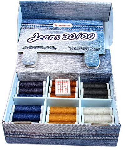 Ackermann? N?hfaden-Set Jeans 30/80 mit 36x Rollen N?hgarn und 5X Organ Jeans - N?hnadeln, beides speziell zum N?hen von Jeans-Stoffen und dicken Materialien.