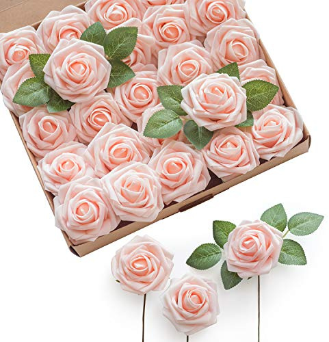 Ling's moment Artificial Flowers 50Pcs Pink Roses Decor w/Stems,3 Real Touch DIY Foam Floral for Wedding Bouquet/Centerpieces, Outdoors Party Backdrop, Room/Table, and Garden/Pot Decorations