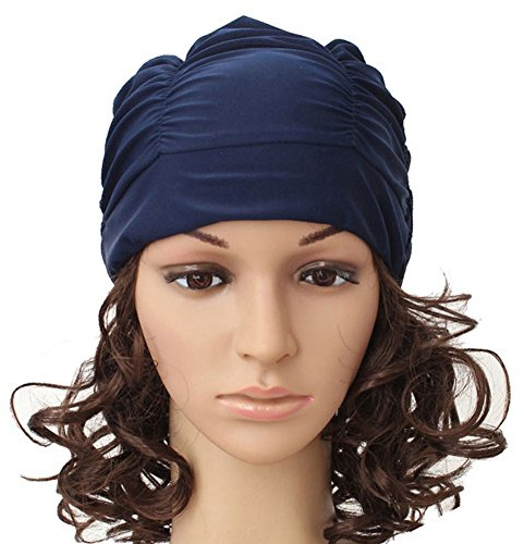 HugeStore Bonnet de bain en tissu plissé pour femme Bleu foncé