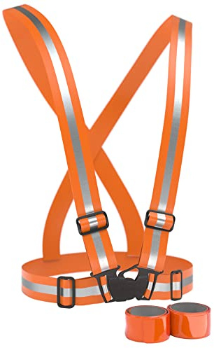 EAZY CASE Reflektoren 3 in 1 Set, 2X Reflektorband und Gurt Reflektorweste flexibel einstellbar, reflektierendes Schnapparmband, Sicherheitsarmband, Warnweste mit Reflektorstreifen, Neon Orange