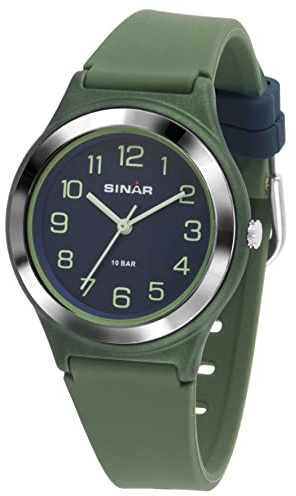 SINAR Jungen-Armbanduhr Jugend Sportuhr Fitness Analog Quarz 10 Bar wasserdicht Silikonband Oliv Grün Blau XB-48-3