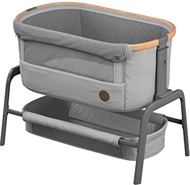 Maxi-Cosi Iora Co-Sleeper Krippe Faltbares Baby Nachttisch Krippe 0-6 Monate max 9 kg 4 Neigungs- & 5 Höhenpositionen Easy Slide Bequeme Matratze Großer Korb Leicht zu Tragen Essential Grau