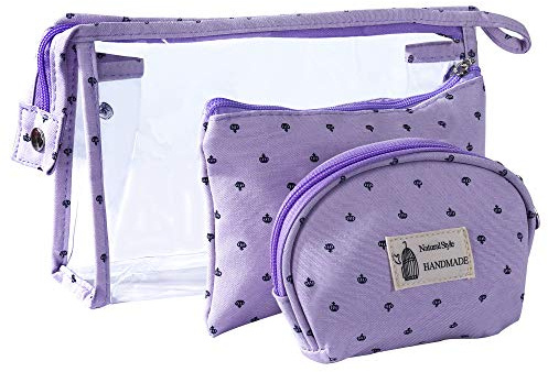 Set di 3 astucci da viaggio trasparenti in PVC impermeabile, con chiusura lampo, Viola, 3 sizes