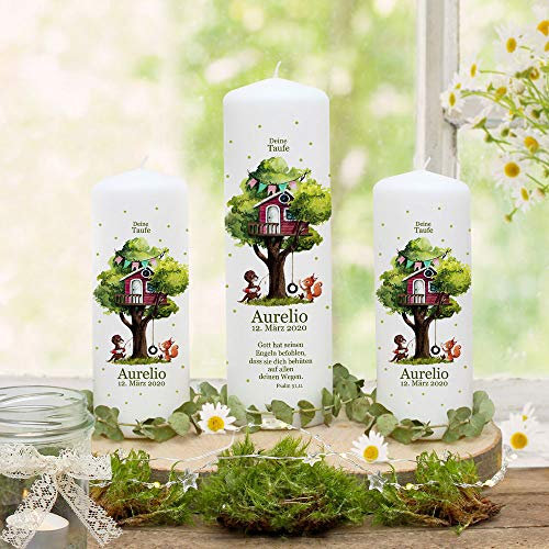 Taufkerze Kerze zur Taufe Baum Baumhaus Otter Eichhörnchen Tiere Wunschname Spruch individualisierbar wk179 - ausgewählte Größe: *4. 1x Taufkerze + 2x Patenkerzen*