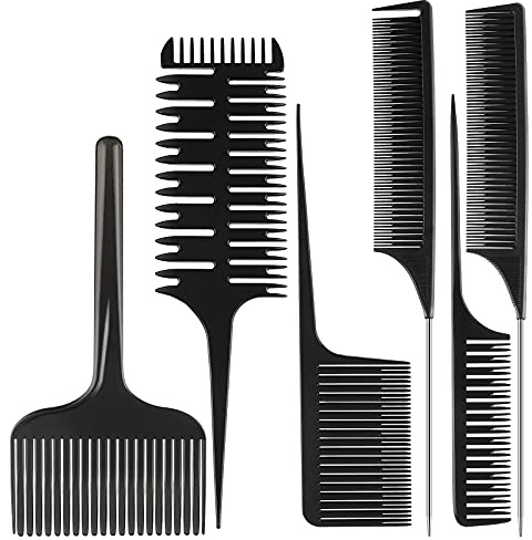 Patelai 6 Pcs Highlighting Hair Combs Set, 3-way Hair Sectioning, Dyeing, Rat Tail Lifting Comb for Weaving Foiling Sectioning Coloring, Black