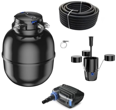 AquaOne Teichfilter Set mit Teichpumpe I Filteranlage CPU-75000 für einen Teich bis 100.000 Liter I Komplettset mit UV Lampe Eco Pumpe 100 Watt Skimmer Teichschlauch Nr. 66