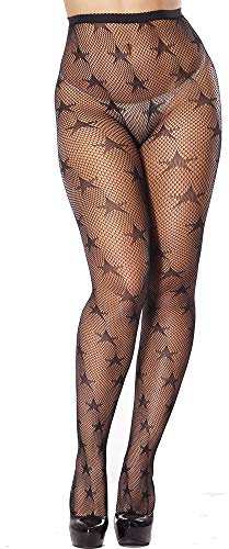 WEANMIX Medias de malla con patrón de estrellas de pentagrama de Navidad, talla grande, medias negras de encaje hasta el muslo para mujer, Negro -, Talla única