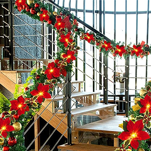 Poinsettia Ghirlanda Di Natale, Ghirlanda Natalizia con Luci per Porta, Decorazioni Natalizie, Piegare A Piacimento, Per Camino Porta Scala Albero Di Natale(2m+10 Luci+temporizzazione)
