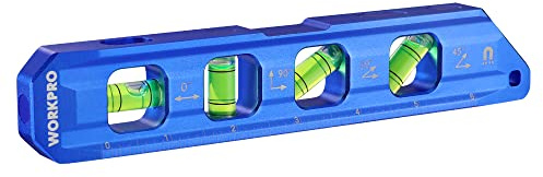 WORKPRO 8-Inch Magnetic Torpedo Level, Aluminum Alloy Construction, 4 Bubble Vials for 0°/90°/45°/30° Measurements, Cobalt Blue