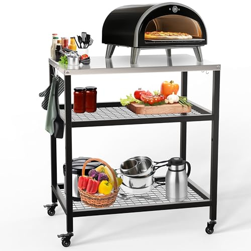 Outdoor Food Prep Dining Grill Table Cart Stainless Steel Work Table Pizza Oven Stand Table Pizza Oven Accessories Grill Cart on Wheels 80x60x90cm Medium