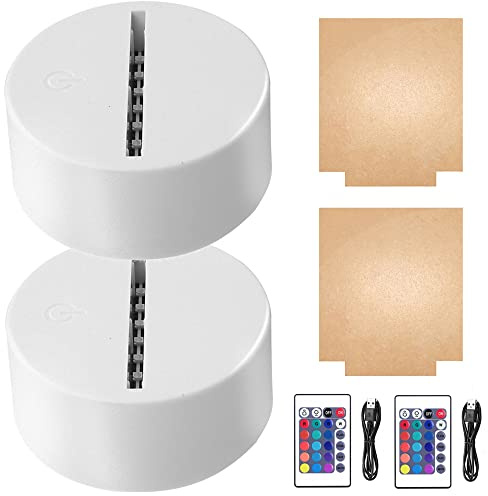 HYNNIO 2-Set 3D Night LED Light Lamp Base with Square Acrylic Sheet, Large Size Base Includes Remote Control + USB Cable, 16 Colors Decoration Maison Decorative Lights for Bedroom Child Room (White)