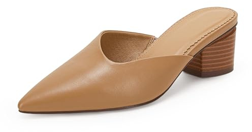 Coutgo Womens Pointed Toe V Cut Mules Chunky Block Heels Slip On Clogs Fashion Office Slides Shoes,Brown,Size 8