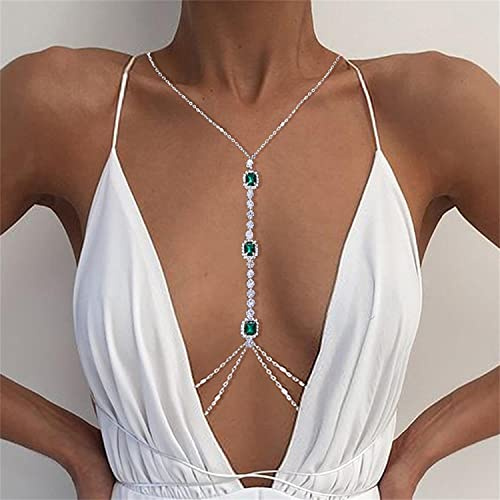 Rvlaugoaa Sexy Catena del Corpo Catena Toracica Splendente Diamanti Frange Catena del Reggiseno Collane Cristallo Bikini Biancheria Intima Decorare (d'Argento)