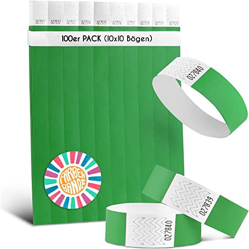 FARBEN BANDE® 100 Einlassbänder Dunkelgrün/Eintrittsbänder 19mm aus Tyvek/Party Bändchen reißfest, wasserdicht und nummeriert/farbige Partybänder/Einlassbändchen für Party, Festival & Feste
