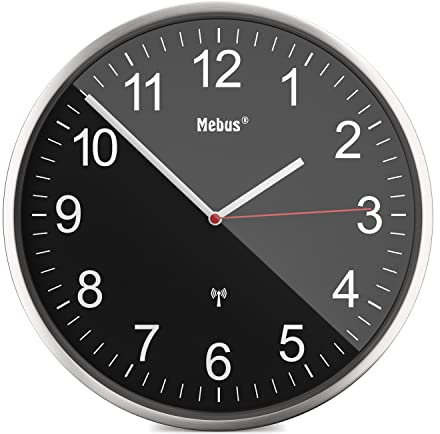 Mebus Funkwanduhr, Wanduhr groß, Funkuhr modern, Aluminium-Rahmen mit gut ablesbaren Ziffern, Bahnhofsuhr, Wohnzimmer, Büro, Farbe: Silber/Schwarz, Durchmesser 30 cm, Modell: 19578