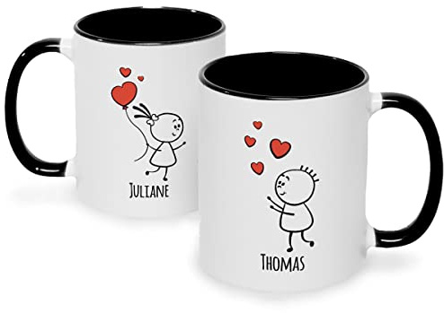 Bedruckte Tassen mit Spruch im Set - Liebesgrüße - 2x Kaffebecher im Set - Personalisiert mit Namen - Schönes Geschenk zur Hochzeit Valentinstag - Geschenke für Sie & Ihn - Farbe Schwarz & Weiß