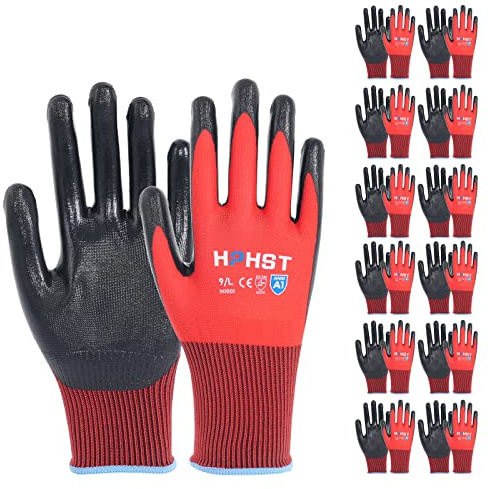 HPHST Work Gloves, 12 Pairs Work Gloves Men Women with Nitrile Coating Gardening Gloves Touchscreen Work Gloves Protective Gloves for Assembly Work (Red, Small)