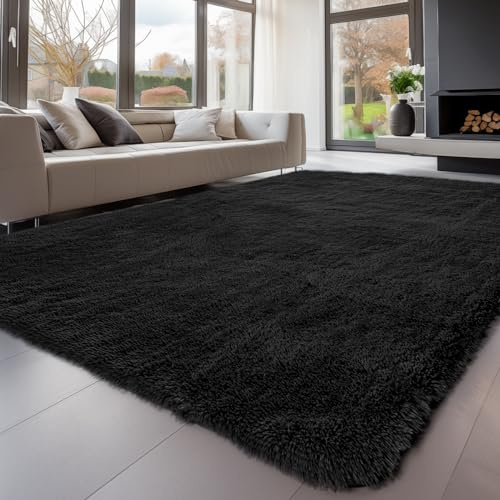 Sour Lemon Hochflor Teppich Groß, Schwarz Teppich Wohnzimmerteppich 120x160 | Teppiche Schlafzimmer Flauschiger Teppich Waschbar Anti-Rutsch Extra Große Carpet Teppichen für Schlafzimmer Kinderzimmer