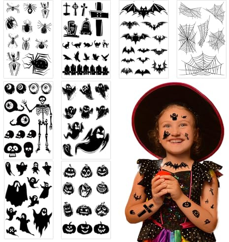 8 Blatt Halloween Tattoo, Halloween Temporäre Tattoos, Gesichtstattoo für Kinder, Fledermäuse Spinne Geister Muster, Spinnennetze Halloween Aufkleber, Horror Tattoo Karneval Makeup Accessories