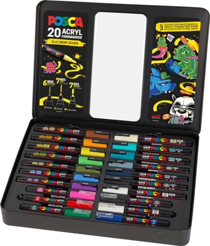 POSCA 186830 - POSCA Marker Set, 20er Etui, inkl. Anleitungen für 3 Graffiti Charaktere