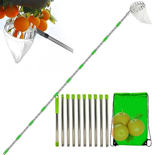 DMAIS Fruit Gatherer, Stainless Steel Fruit Collector, Fruit Picker with Telescopic Handle, Adjustable Fruit Picker Head Basket with Cotton Bag, Garden Fruit Gatherer for Garden, Orchard