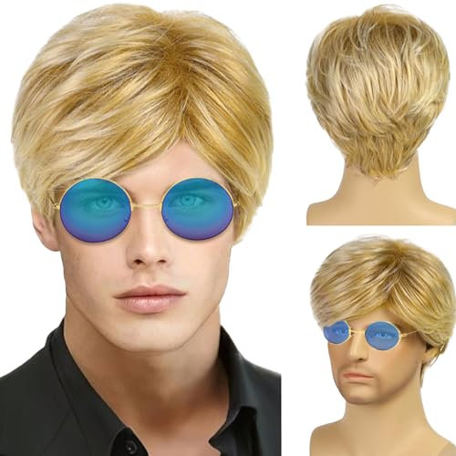 TSHAOUN Men's Short Blonde Layered Natural Synthetic Cosplay Hair Wig - 70s 80s Disco Short Curly Fluffy Costume, Handsome Daily Rocking Dude Punk Metal Rocker Style