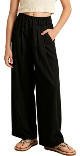 Rolanko Ragazze Pantaloni a Gamba Larga, Flowy Paperbag Pantaloni Palazzo Estivi con Tasche e Vita Elastica per Una vestibilità Ampia, Nero, Taglia:150/10-11 Anni