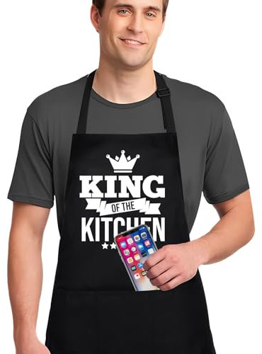 Jiusely Aprons for Men Women - King of The Kitchen- Black Kitchen Aprons for Women with Pockets, Chef Apron Gifts for Men, Father, Husband, Dad, Grandad Birthday Christmas Gifts