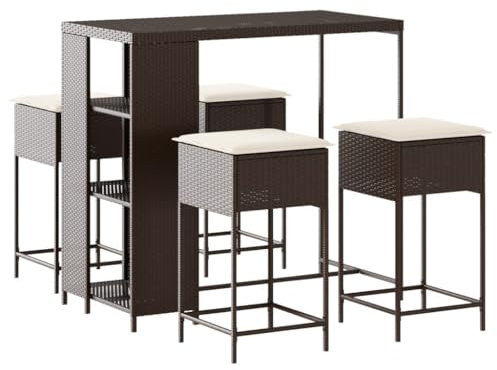 vidaXL Gartenbar Set 5-TLG., Gartenmöbel mit Kissen, Bartisch Stehtisch Barhocker Barstuhl, Theke Bar Tresen Gartentheke Sitzgruppe, Braun Poly Rattan