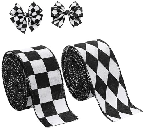 2 Rollen 4,2 Meter schwarz und weiß karierte Bänder Büffelkariert Drahtrand Geschenkband für DIY Haarschleife Kranz Dekorationen Weihnachtsbaum Geschenk Dekoration 2 Stile